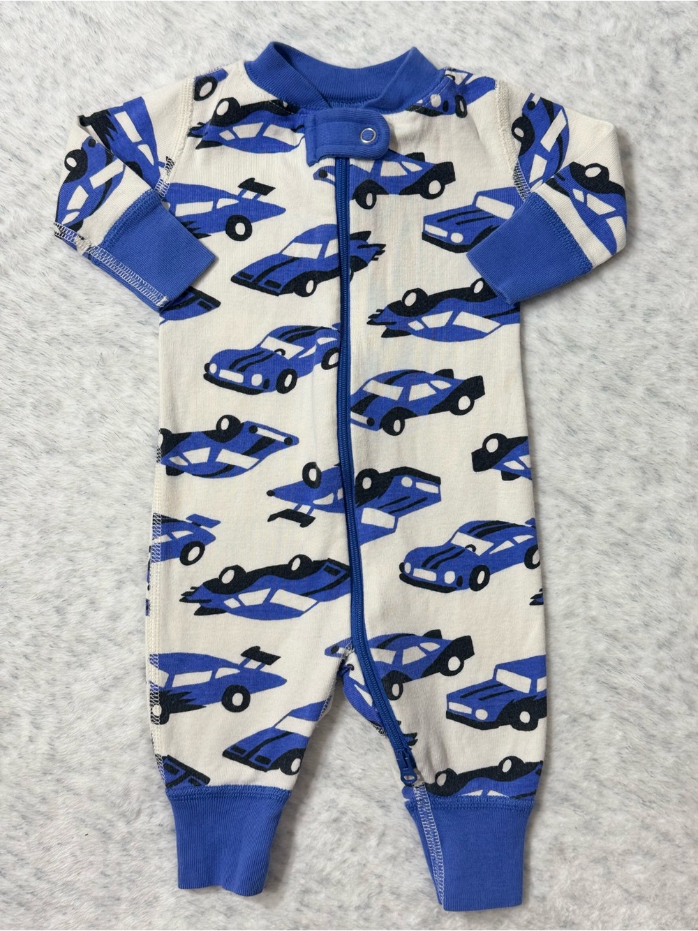 Hanna Andersson Blue Race Car Zip Sleeper 0-3M Baby Boy Organic Cotton Vehicle